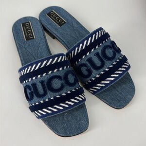 Gucci 39 Denim Jean Jane Logo Blue Stripe Slides Sandals E947